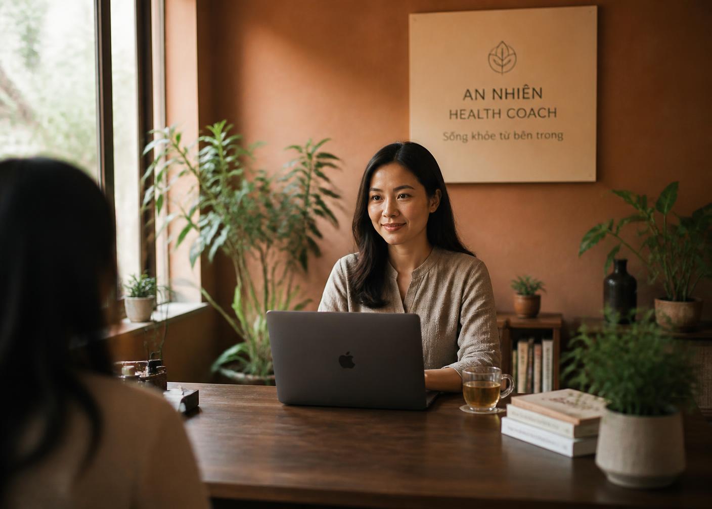 Health Coach làm việc với laptop trong phòng tư vấn buổi sáng