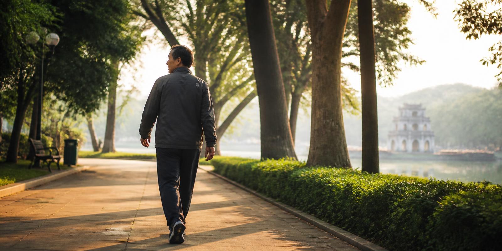 Người đàn ông trung niên đi bộ buổi sáng trong công viên